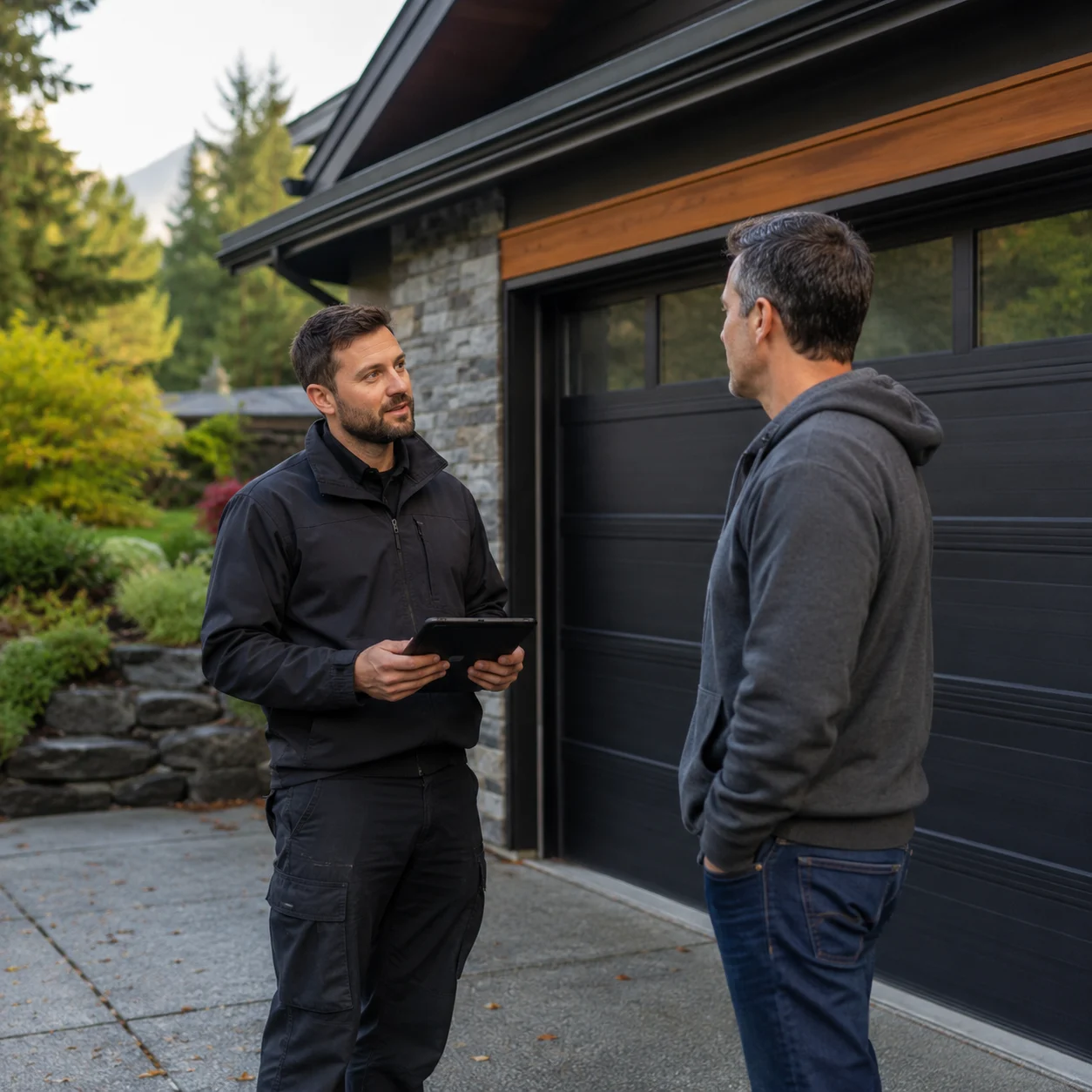 Garage door service consultation at a Seymour or Maplewood property in North Vancouver