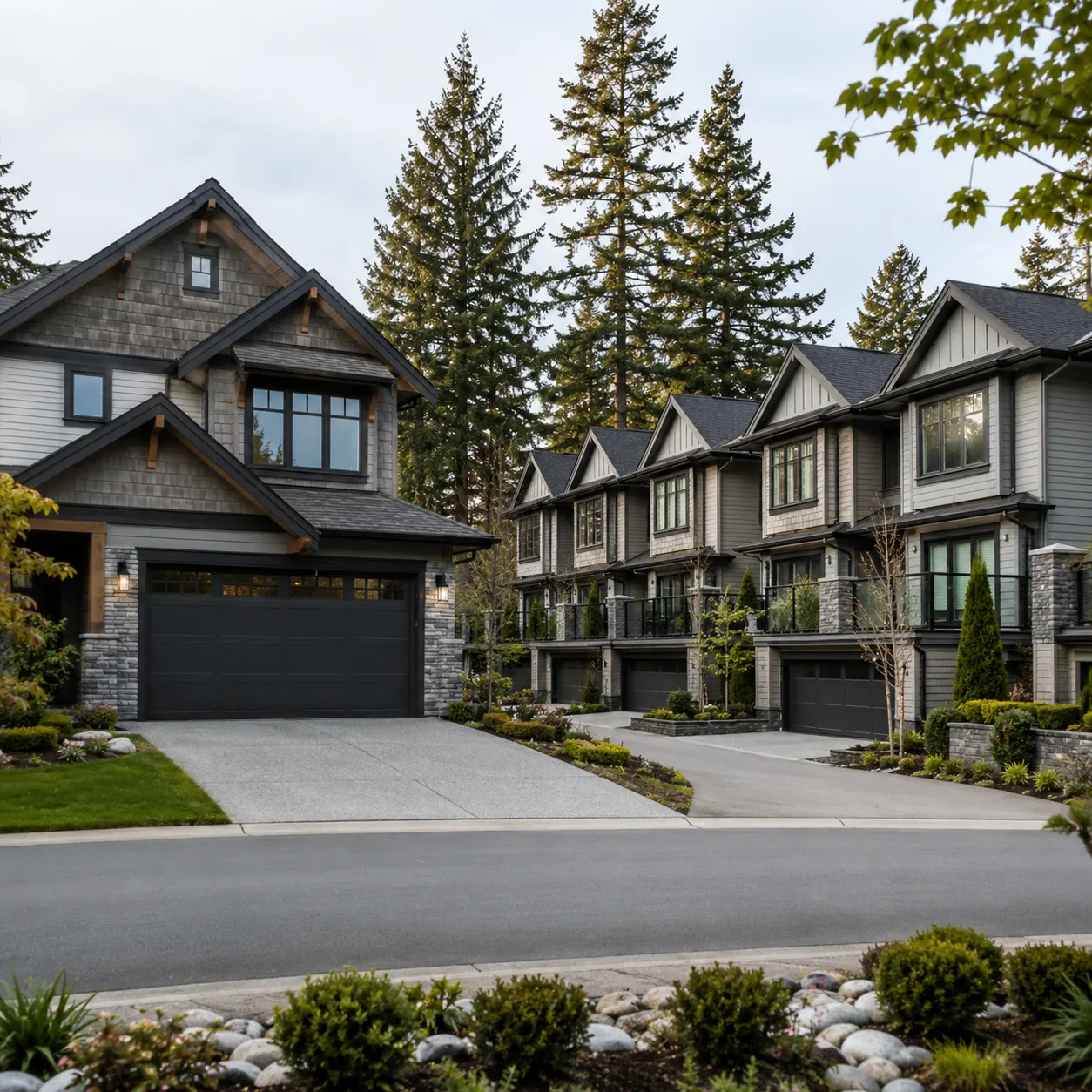 Garage doors on detached homes and townhomes in Edgemont Village and Upper Capilano, North Vancouver