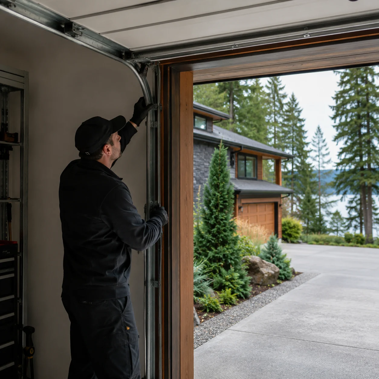 Technician inspecting a garage door system at a Deep Cove or East North Vancouver property