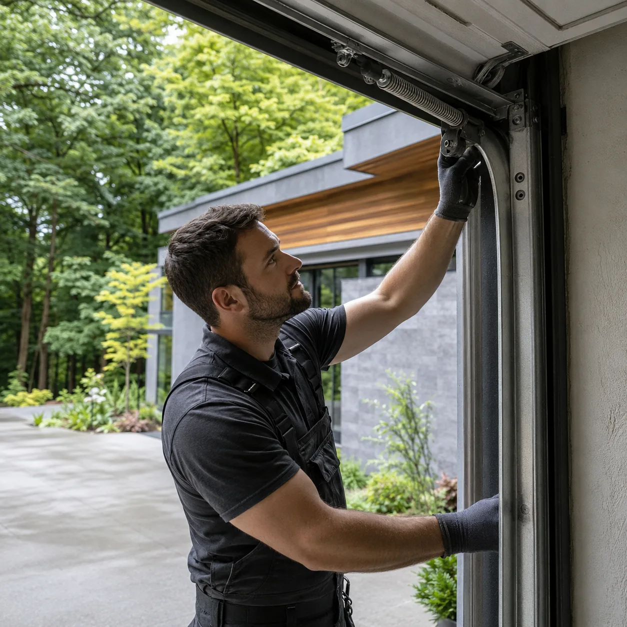 Technician inspecting a garage door system at a Lions Gate or Pemberton Heights property