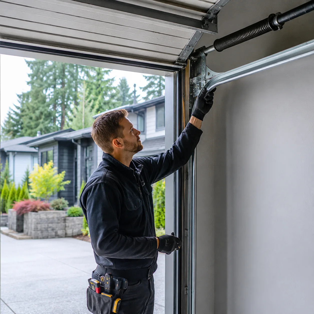 Technician inspecting a garage door system at a Norgate or South West North Vancouver property