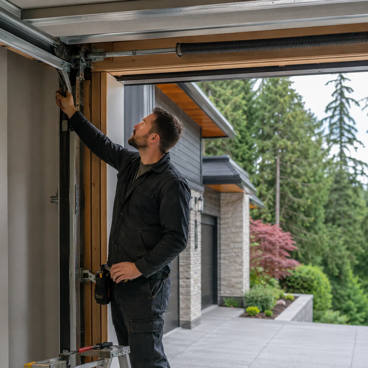 Technician inspecting a garage door system at a Seymour or Maplewood property in North Vancouver