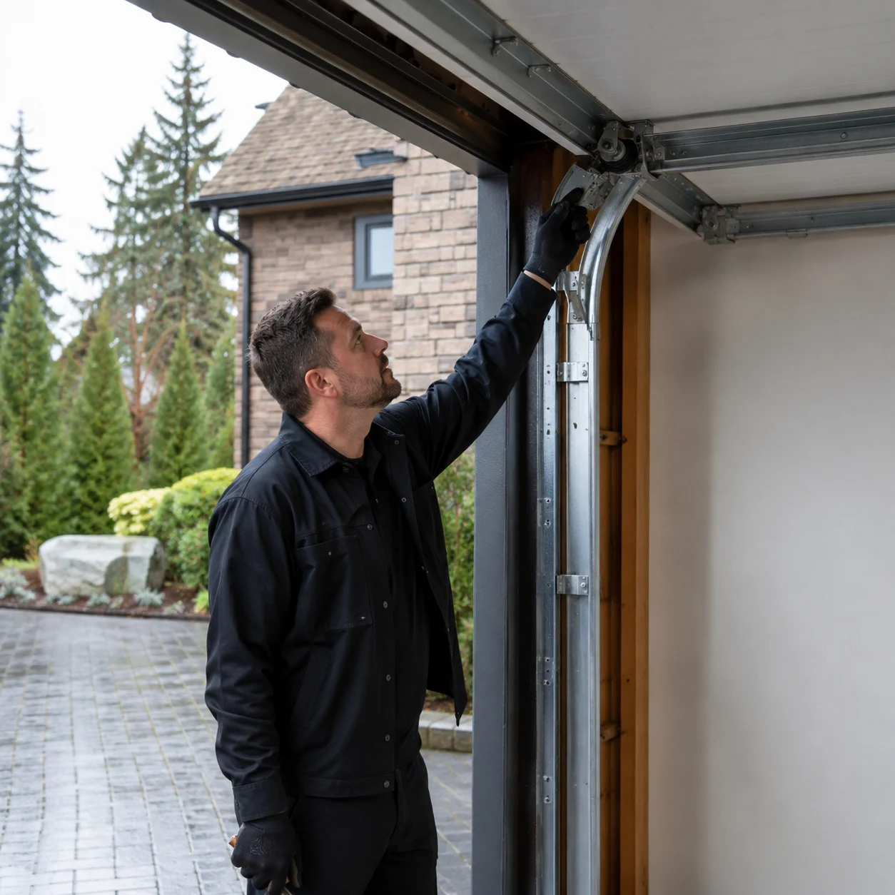 Technician inspecting a garage door system at an Edgemont Village or Upper Capilano property
