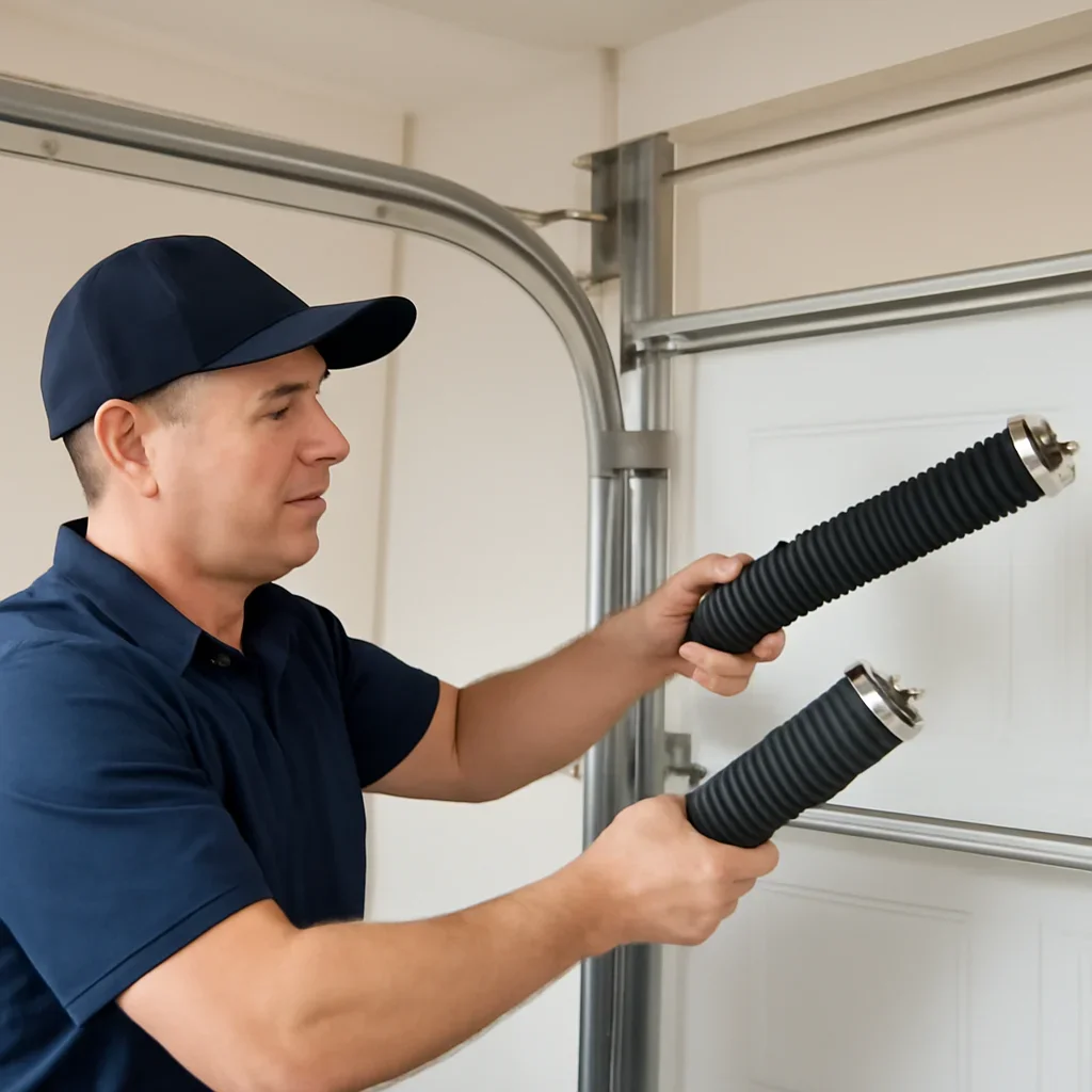 Technician inspecting a garage door spring and lifting system
