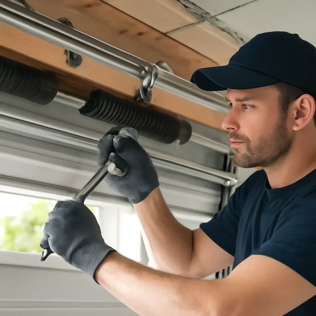 Garage door spring and lifting hardware at a North Vancouver residential property