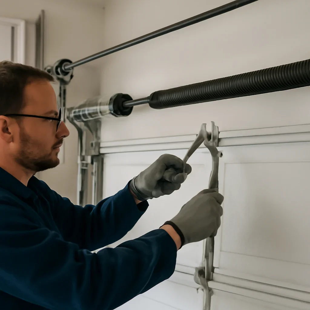 Technician inspecting broken spring, cable, drum, and balance conditions