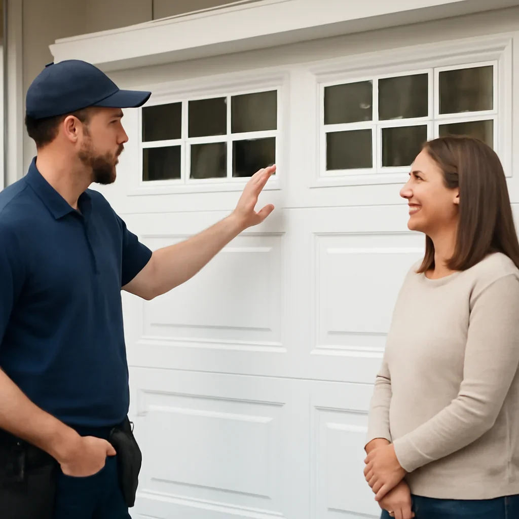Garage door technician discussing adding windows to an existing garage door with a North Vancouver homeowner