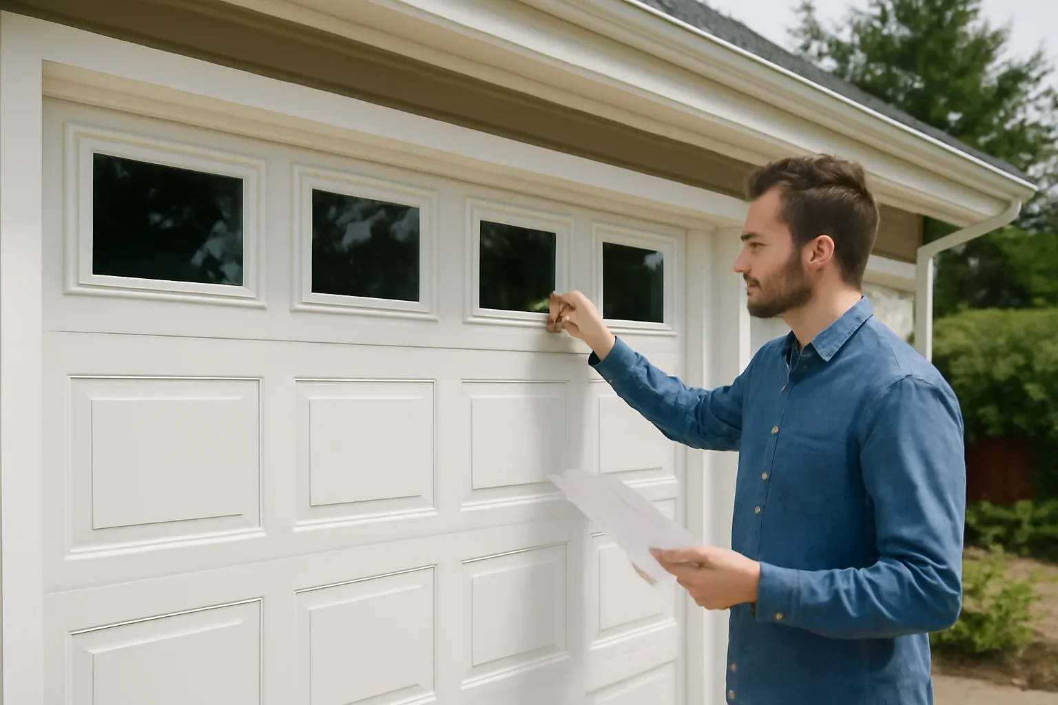 Homeowner reviewing adding windows to an existing garage door at a residential garage
