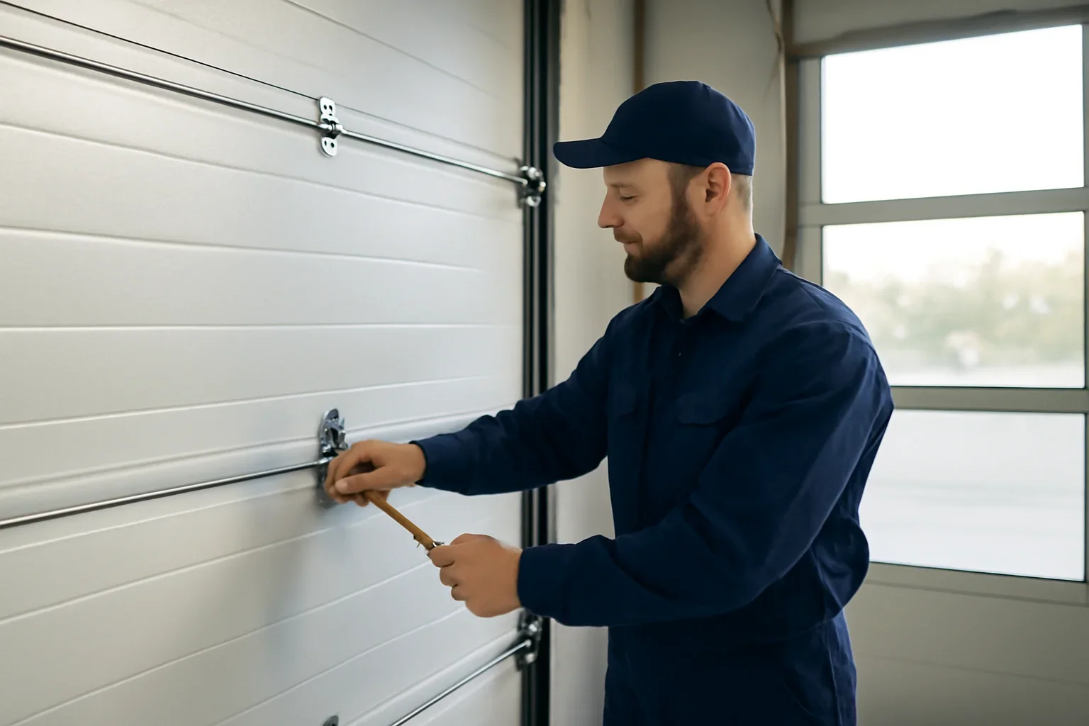Garage door professional assessing a commercial overhead door at a North Vancouver property