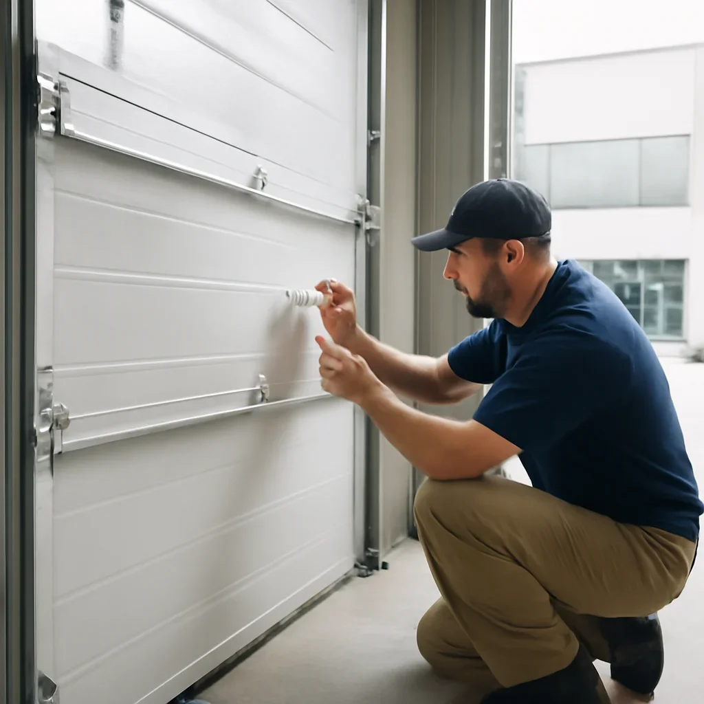 Technician inspecting commercial garage door tracks, rollers, hardware, and controls