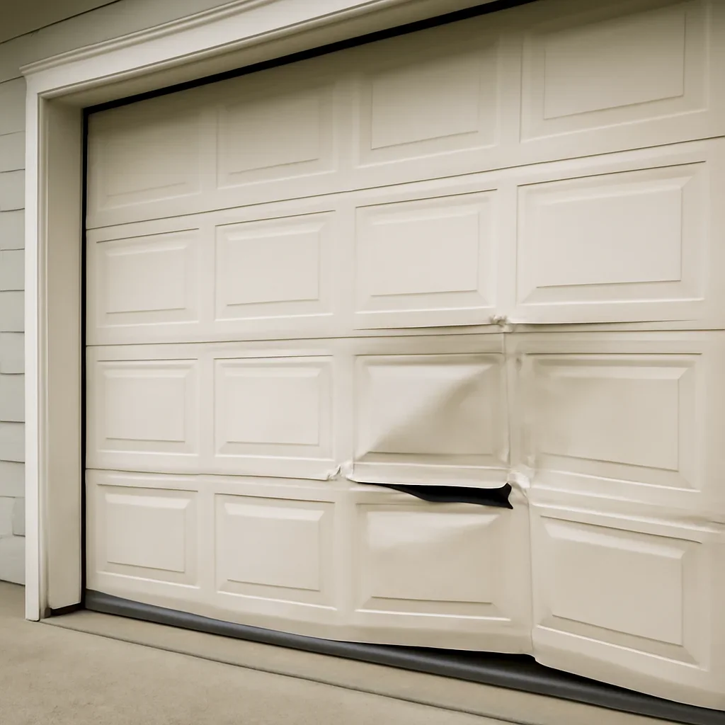 Technician inspecting a damaged garage door panel and operating hardware