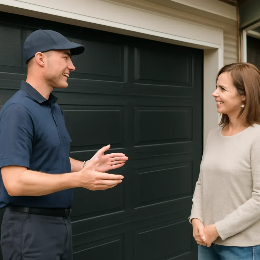 Garage door technician discussing black garage door heat and finish with a North Vancouver homeowner