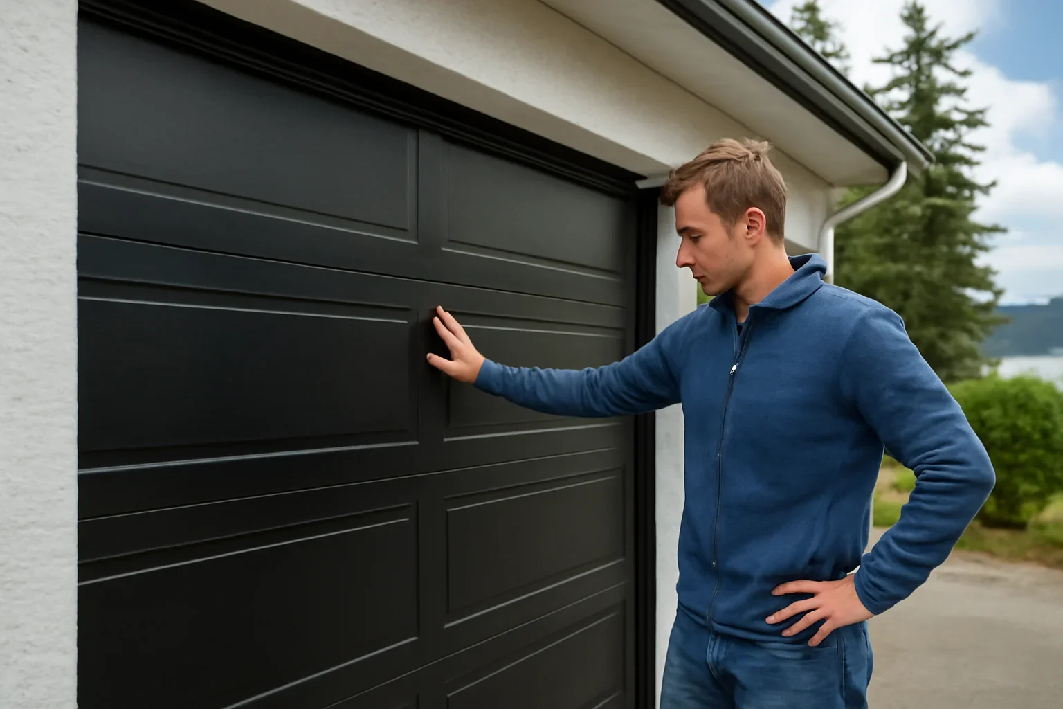 Homeowner reviewing black garage door heat and finish at a residential garage