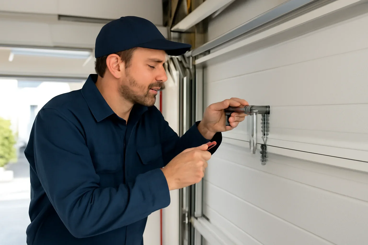Garage door professional assessing an urgent door problem for a North Vancouver homeowner