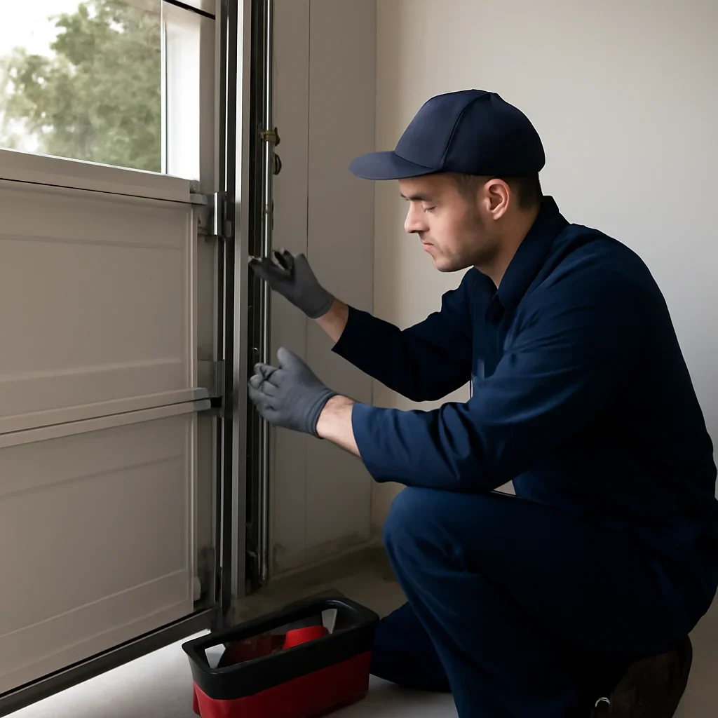 Technician safely inspecting garage door springs, tracks, cables, and opener components