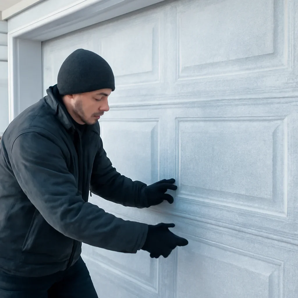 Technician inspecting a frozen garage door seal and operating system