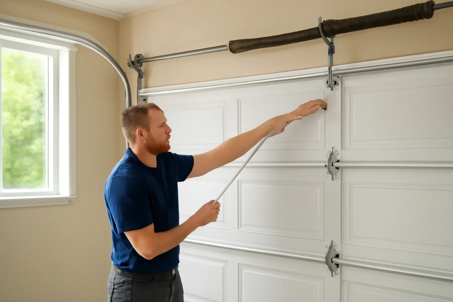 Technician assessing garage door balance and alignment in North Vancouver
