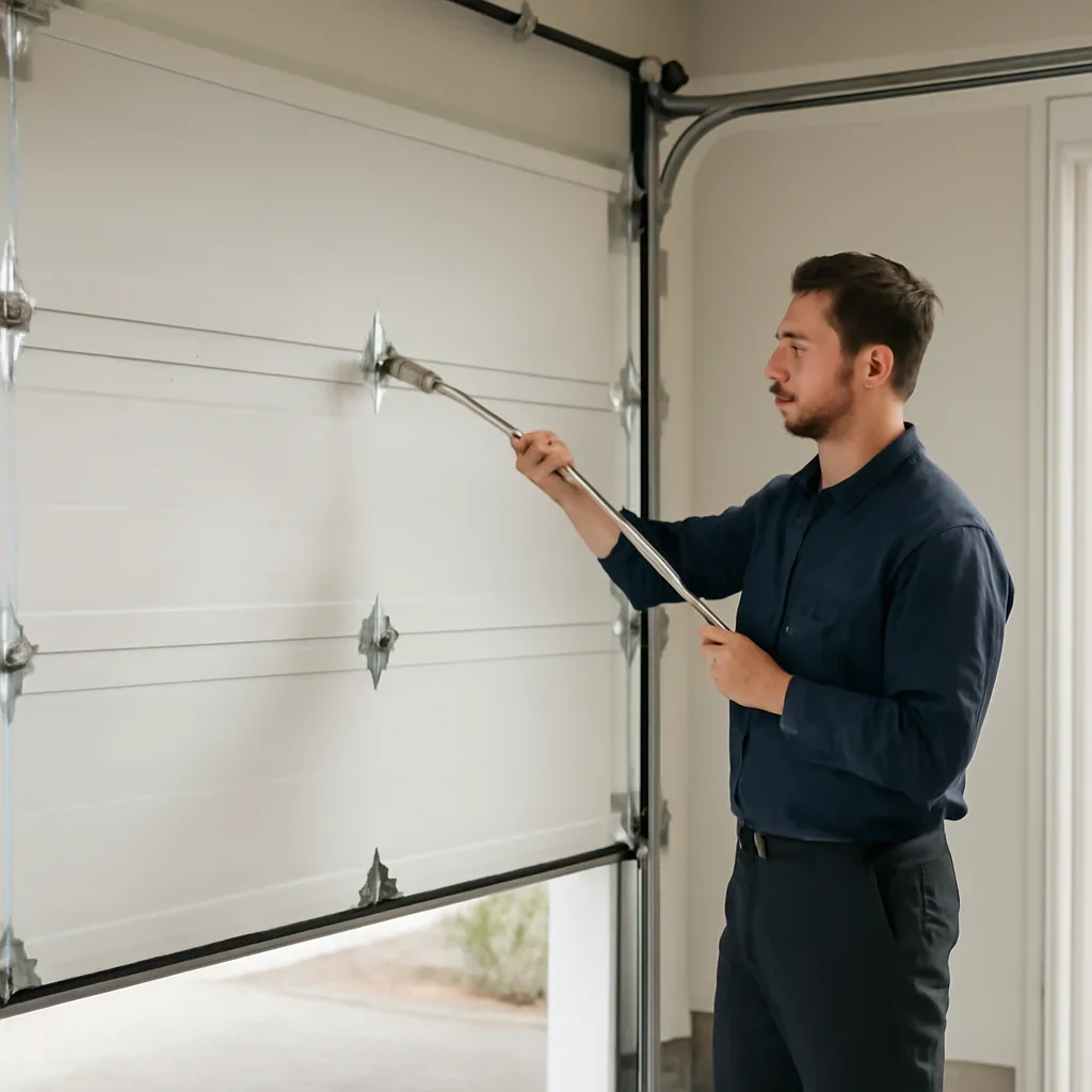 Technician checking garage door springs cables tracks and alignment