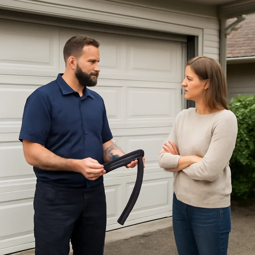 Garage door technician discussing garage door bottom seal profiles with a North Vancouver homeowner
