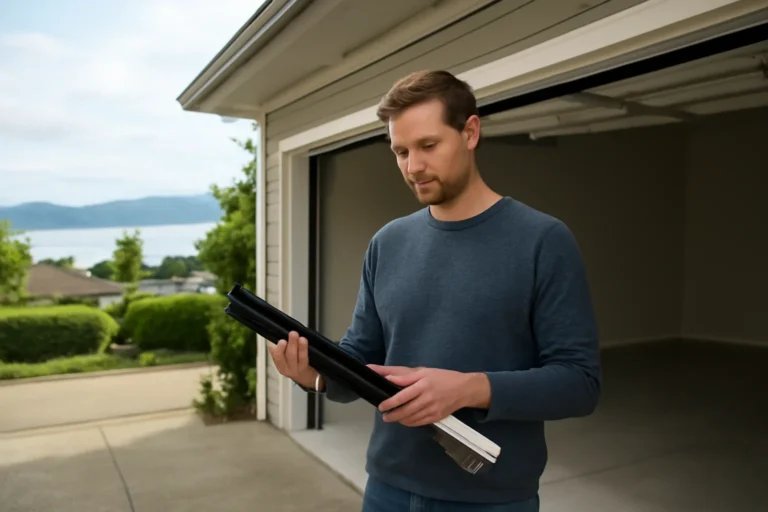 Homeowner reviewing garage door bottom seal profiles at a residential garage