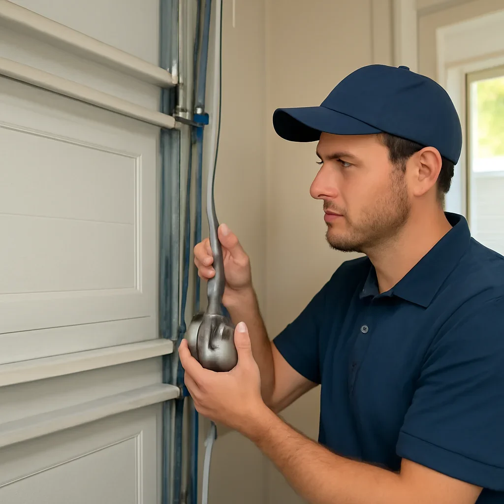 Garage door cable, drum, track, and lifting hardware at a North Vancouver home