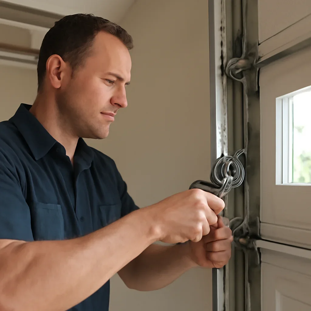 Technician inspecting garage door cables, drums, tracks, and balance