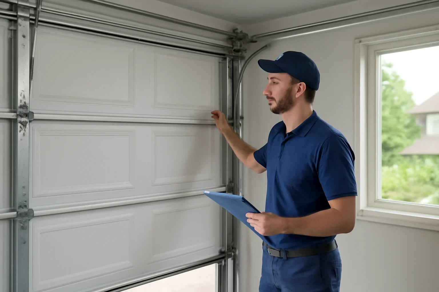 Technician completing a garage door inspection at a North Vancouver home