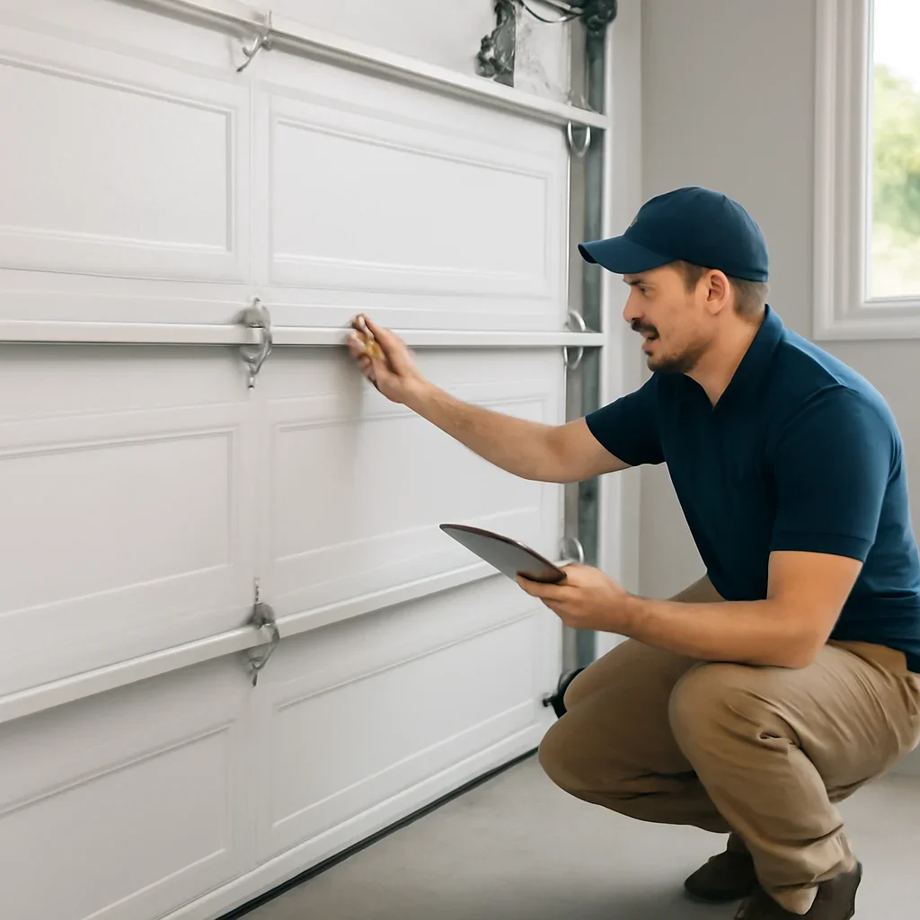 Technician inspecting garage door springs cables tracks rollers and opener components