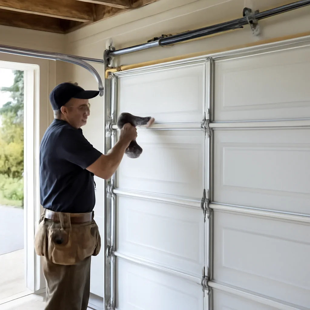 Technician measuring and inspecting a North Vancouver garage door opening before installation