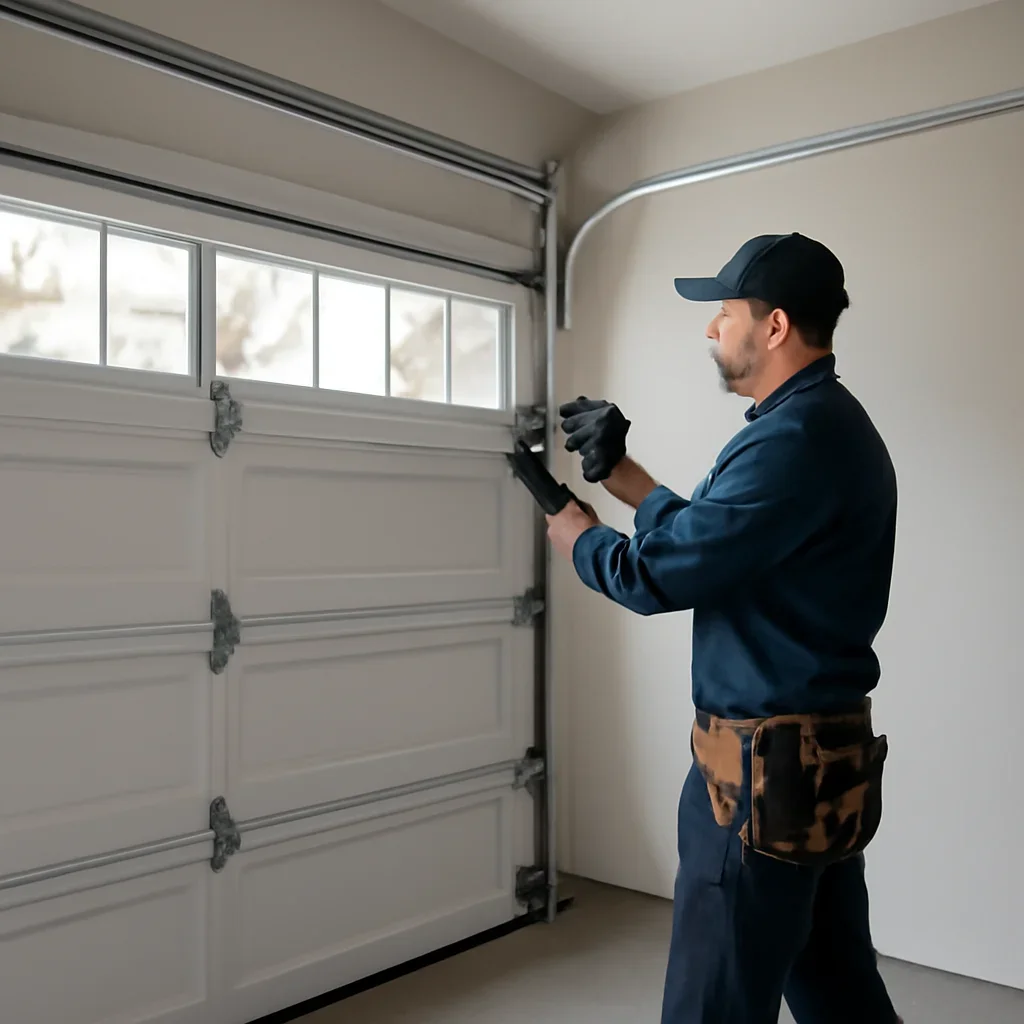 Technician measuring and inspecting a garage opening during installation planning in Lions Gate and Pemberton Heights