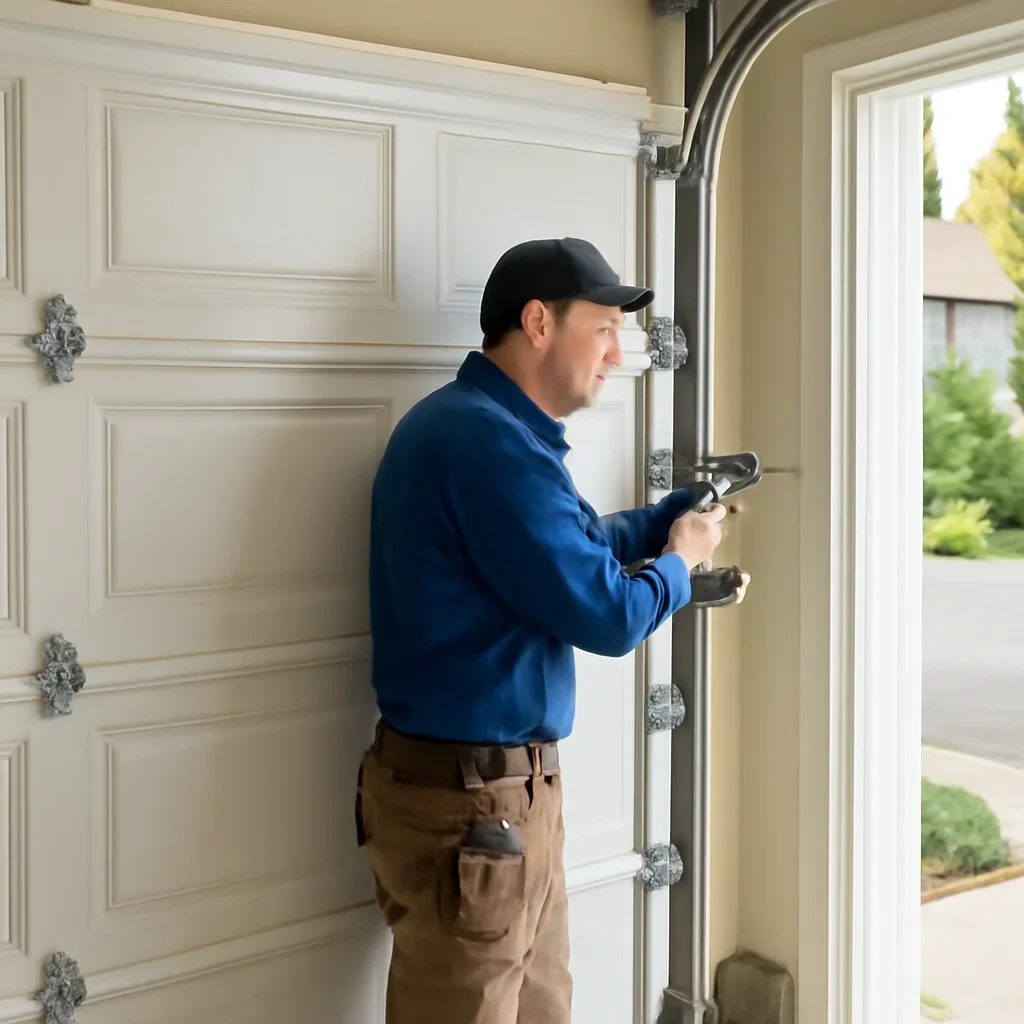 Technician inspecting and adjusting components during garage door installation timeline: what homeowners can expect