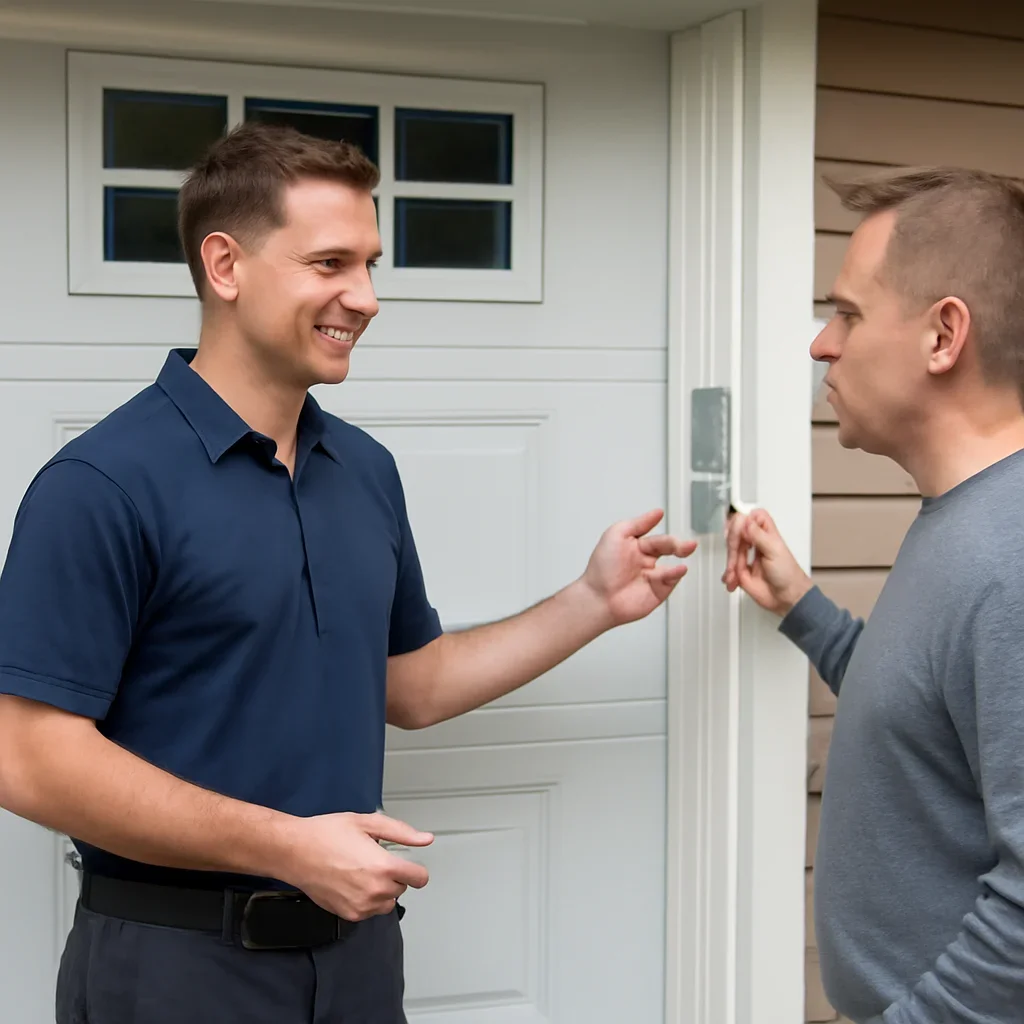 Garage door technician discussing a non-working garage door keypad with a North Vancouver homeowner
