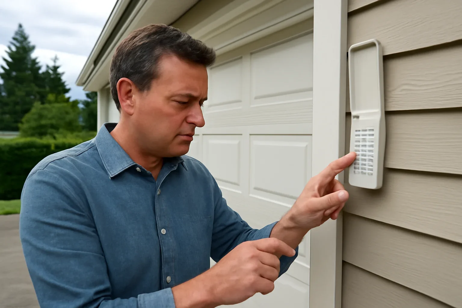 Homeowner reviewing a non-working garage door keypad at a residential garage