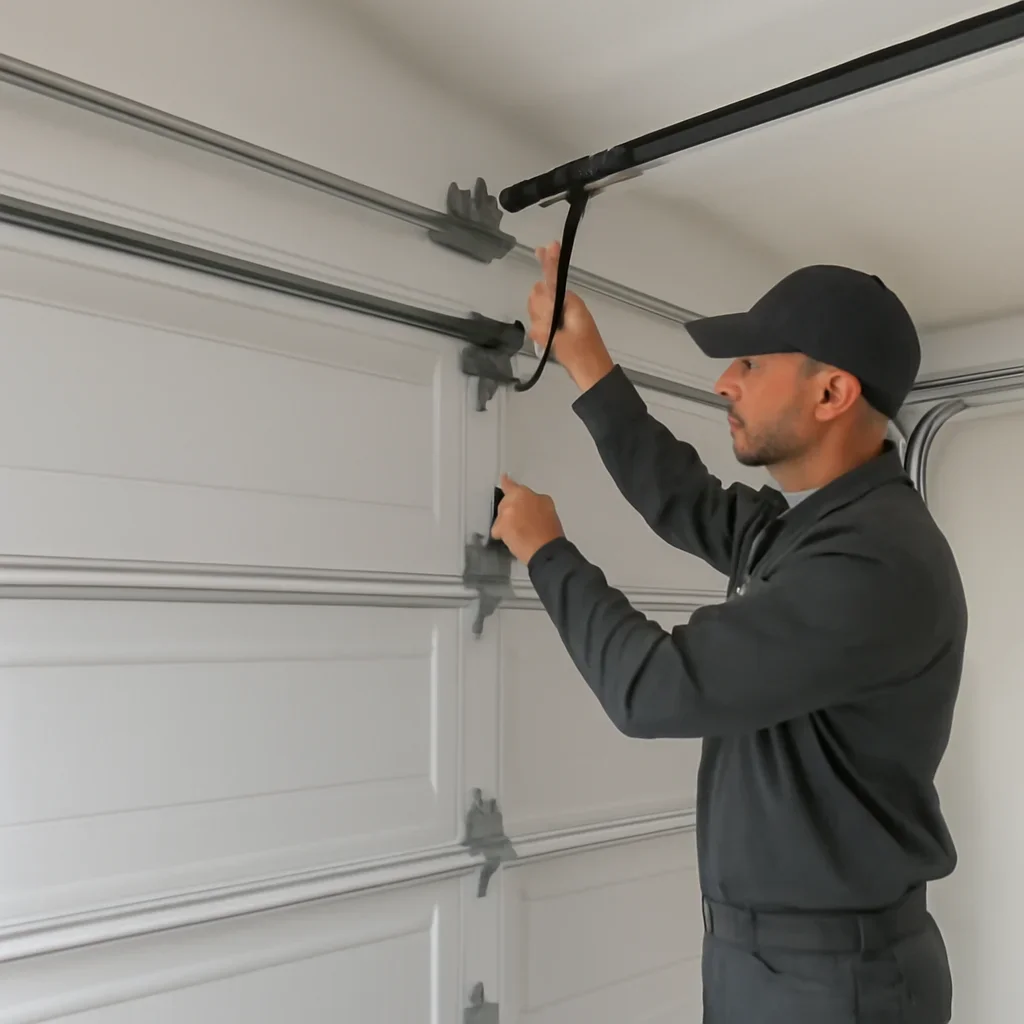 Technician inspecting and adjusting components during garage door maintenance tips for rental properties