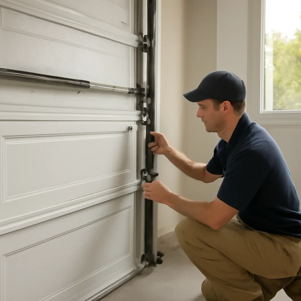 Technician inspecting garage door components during maintenance in Upper Capilano