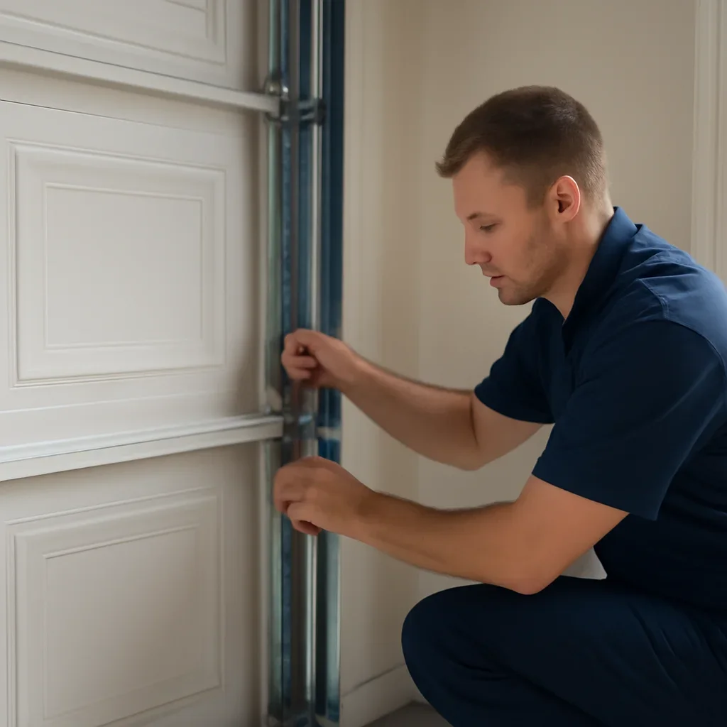 Technician inspecting garage door rollers, tracks, balance, hardware, sensors, and opener