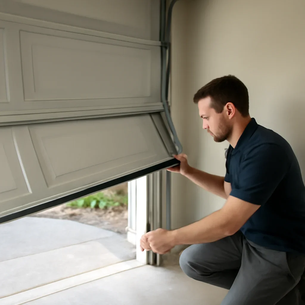 Technician inspecting tracks, rollers and cables on an off-track garage door