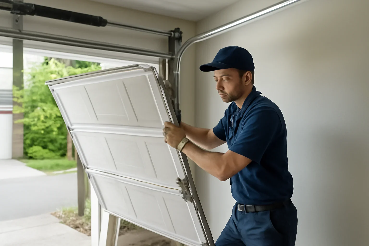 Crooked garage door being assessed for off-track repair in North Vancouver