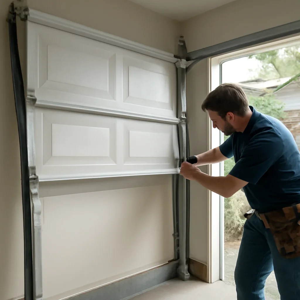 Technician inspecting tracks rollers cables and alignment during off-track garage door repair