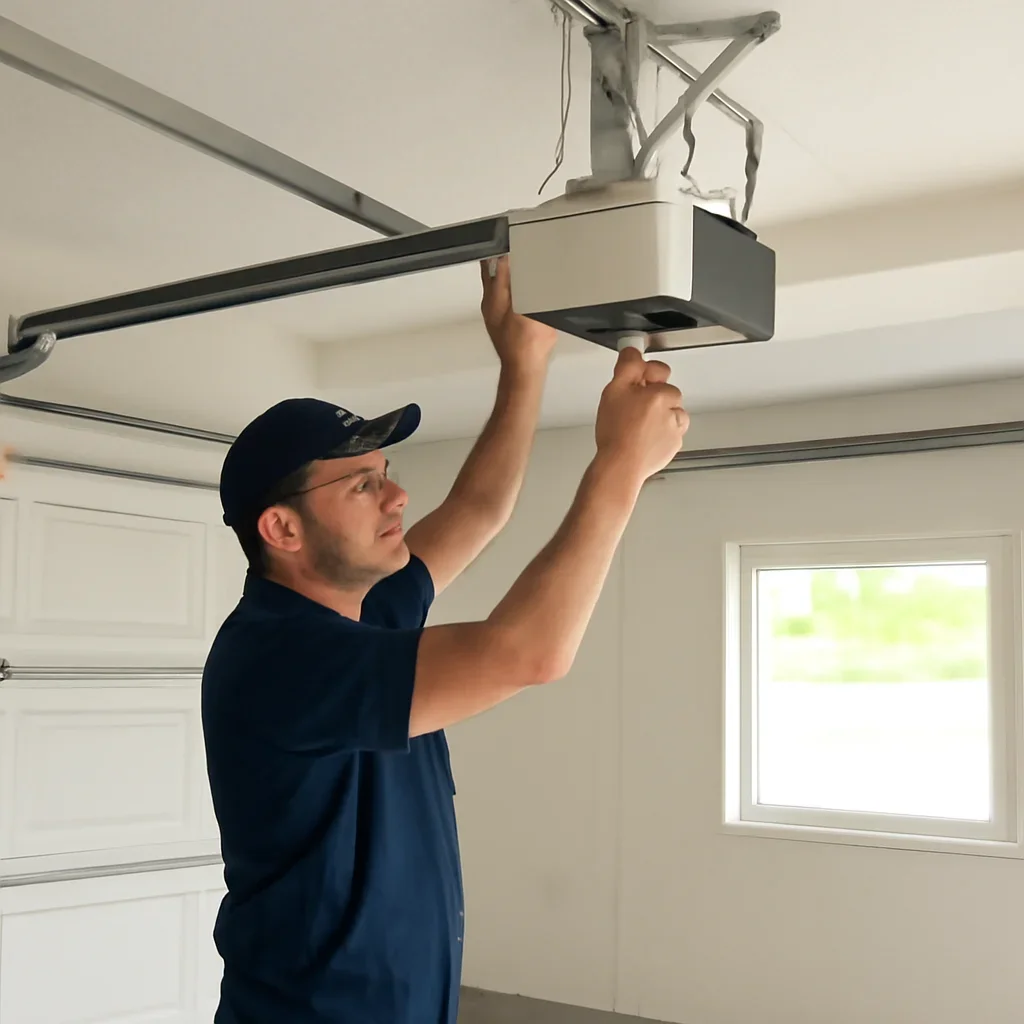 Technician installing and testing a garage door opener