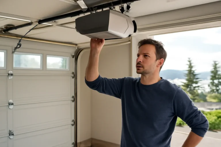 Homeowner reviewing an opener motor running without door movement at a residential garage