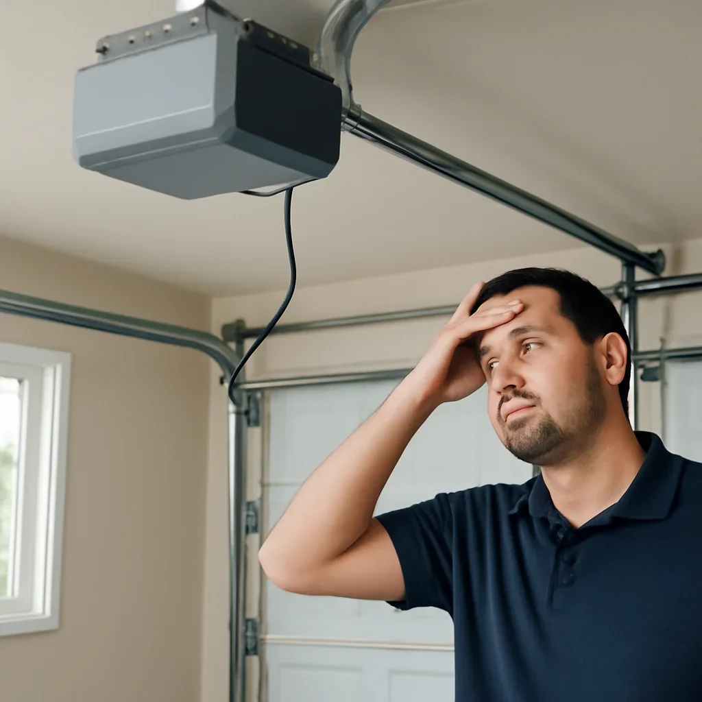 Technician diagnosing a garage door opener and safety system