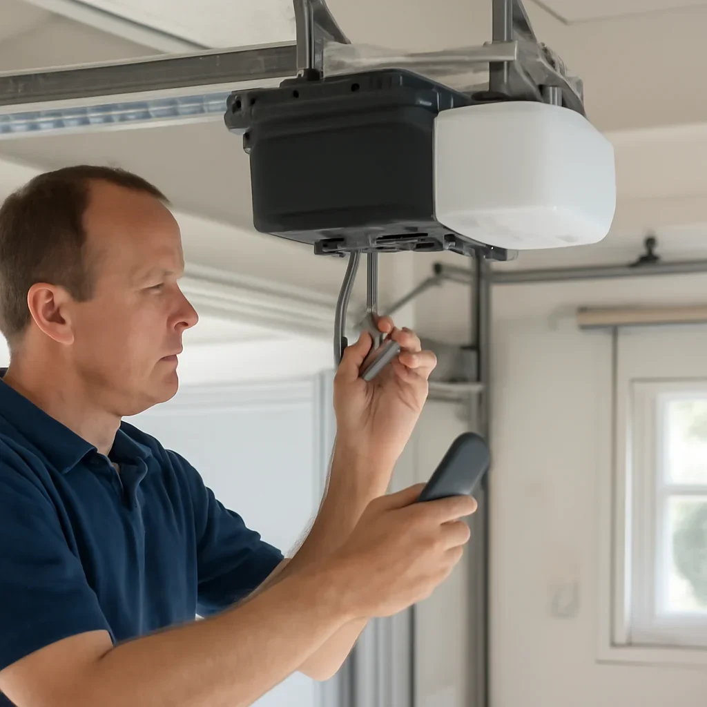 Technician testing a garage door opener, remote, wall control, sensors, and door movement
