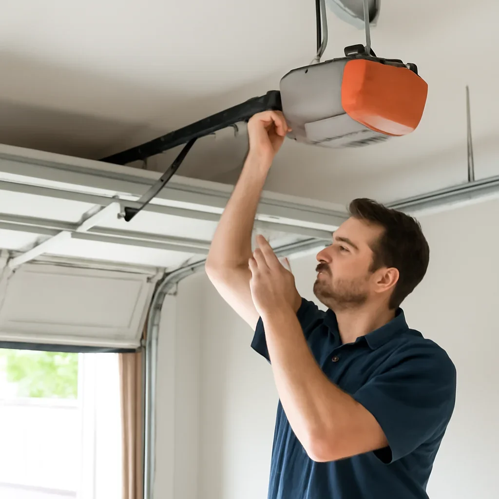 Technician testing a garage door opener, wall control, sensors and door movement
