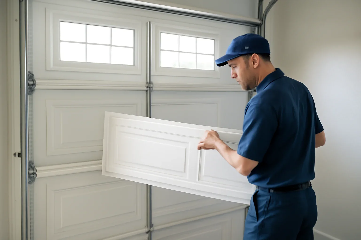 Damaged garage door panel being assessed at a North Vancouver property