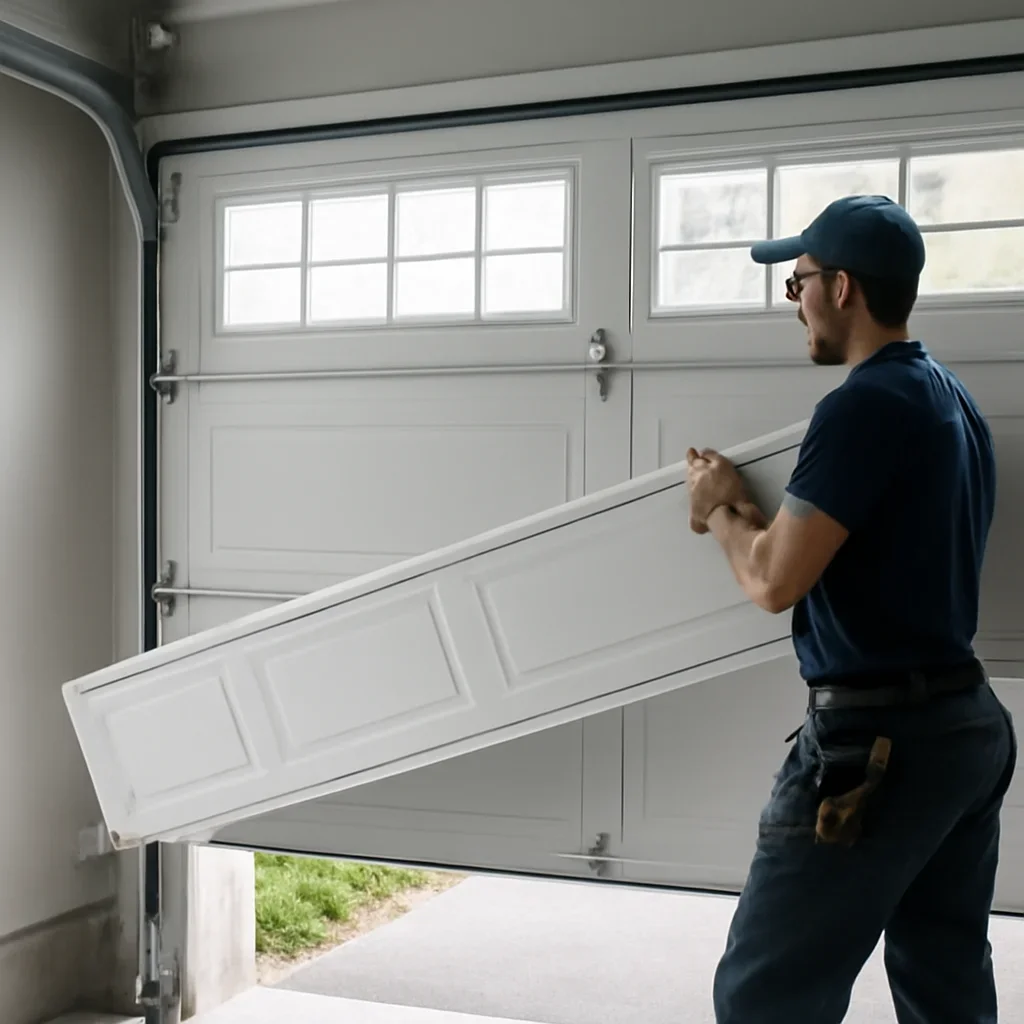Garage door technician inspecting panel damage and operating components