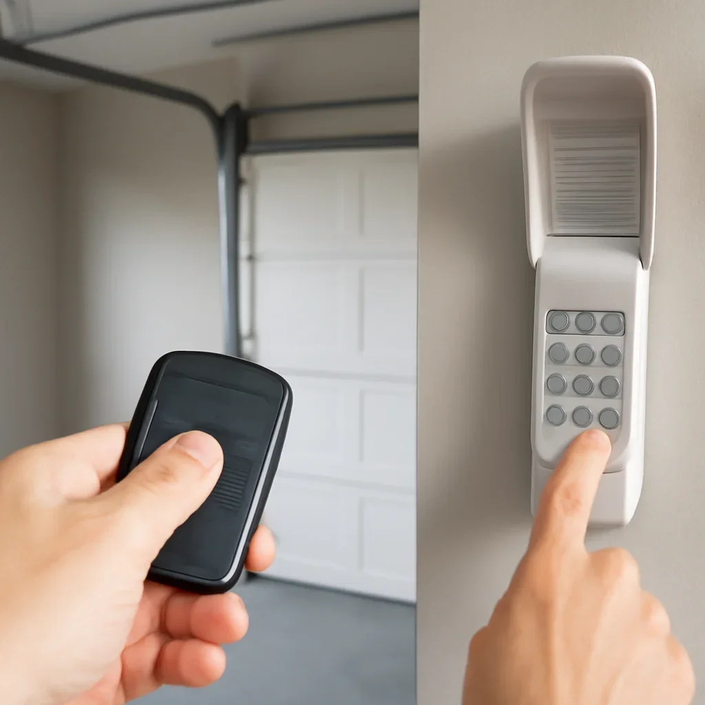 Technician programming a garage door remote and exterior keypad