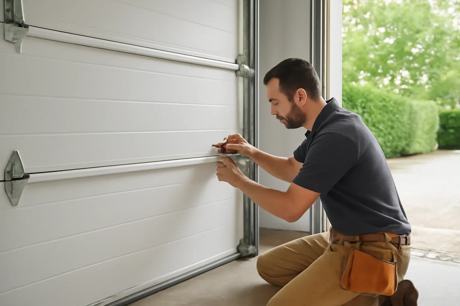 Garage door technician discussing a repair with a Lynn Valley homeowner