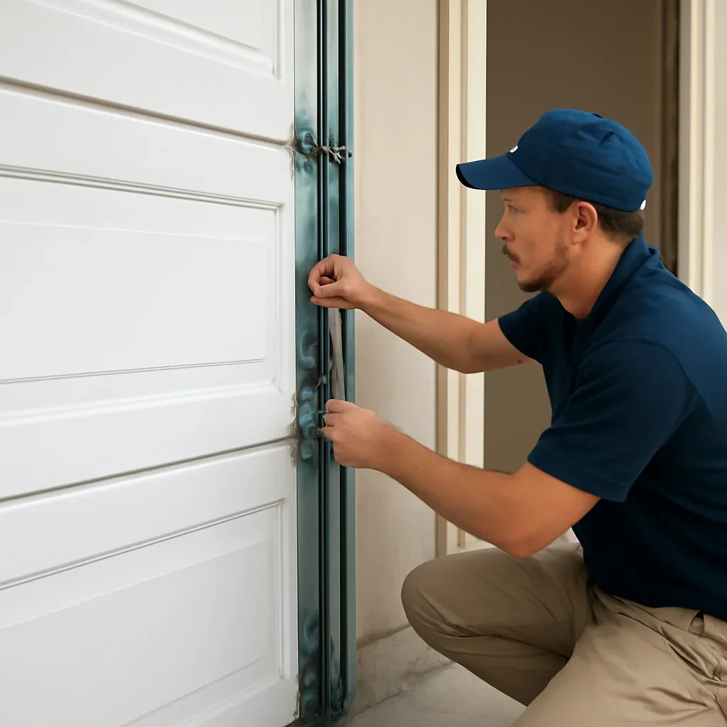 Technician inspecting garage door springs, tracks, rollers and opener during a Lynn Valley repair