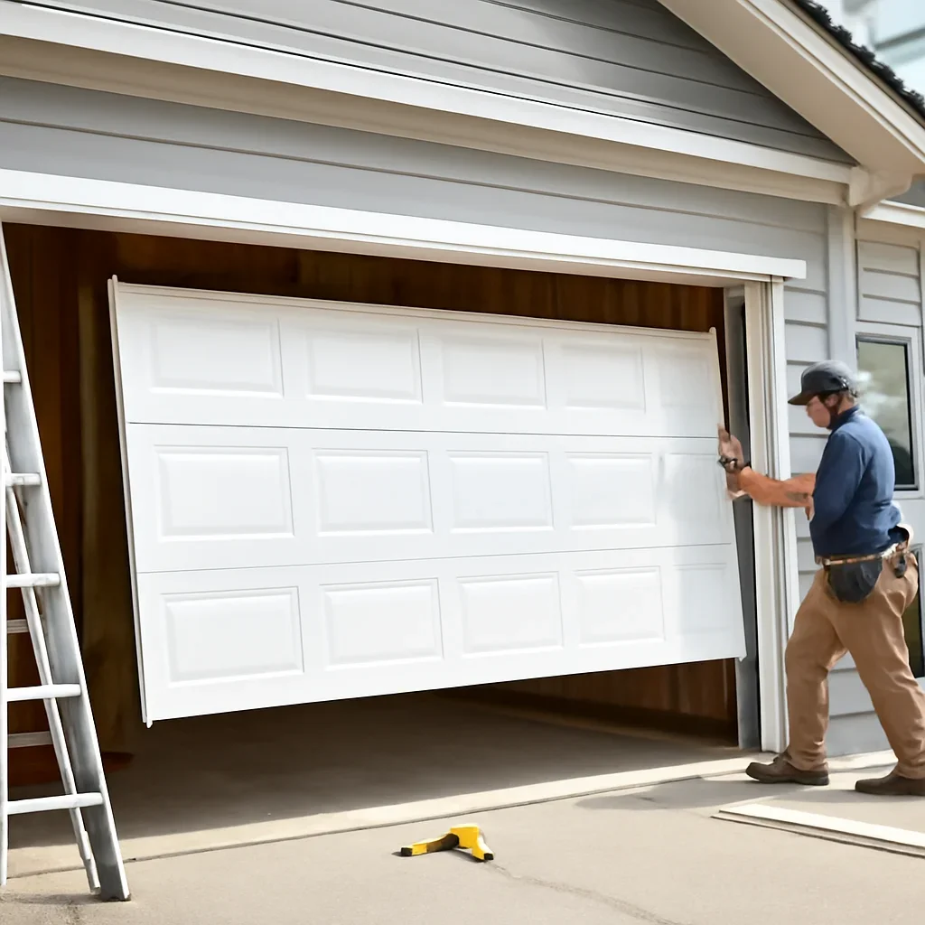 Technician measuring and inspecting an opening before garage door replacement
